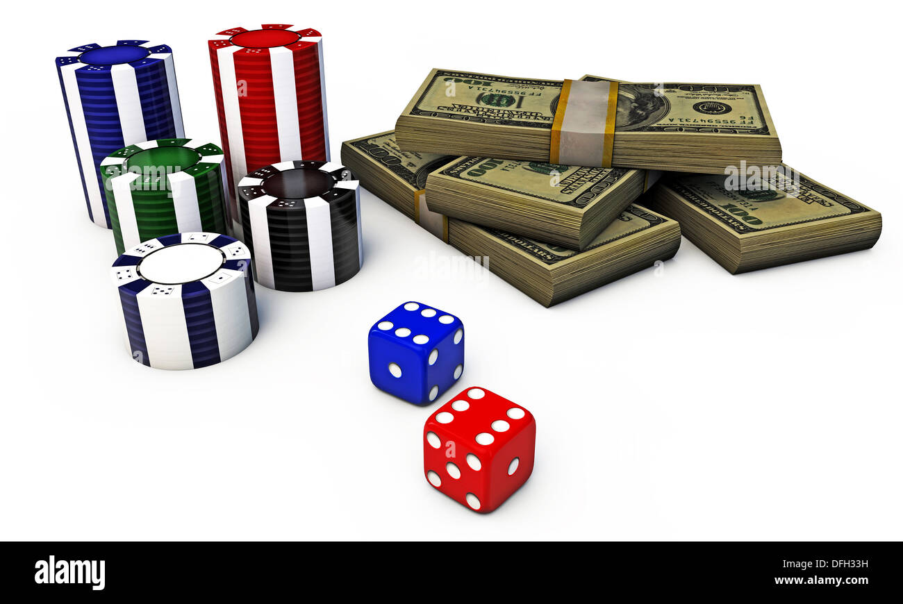 Poker chips con dadi e verde di dollari isolati su sfondo bianco Foto Stock