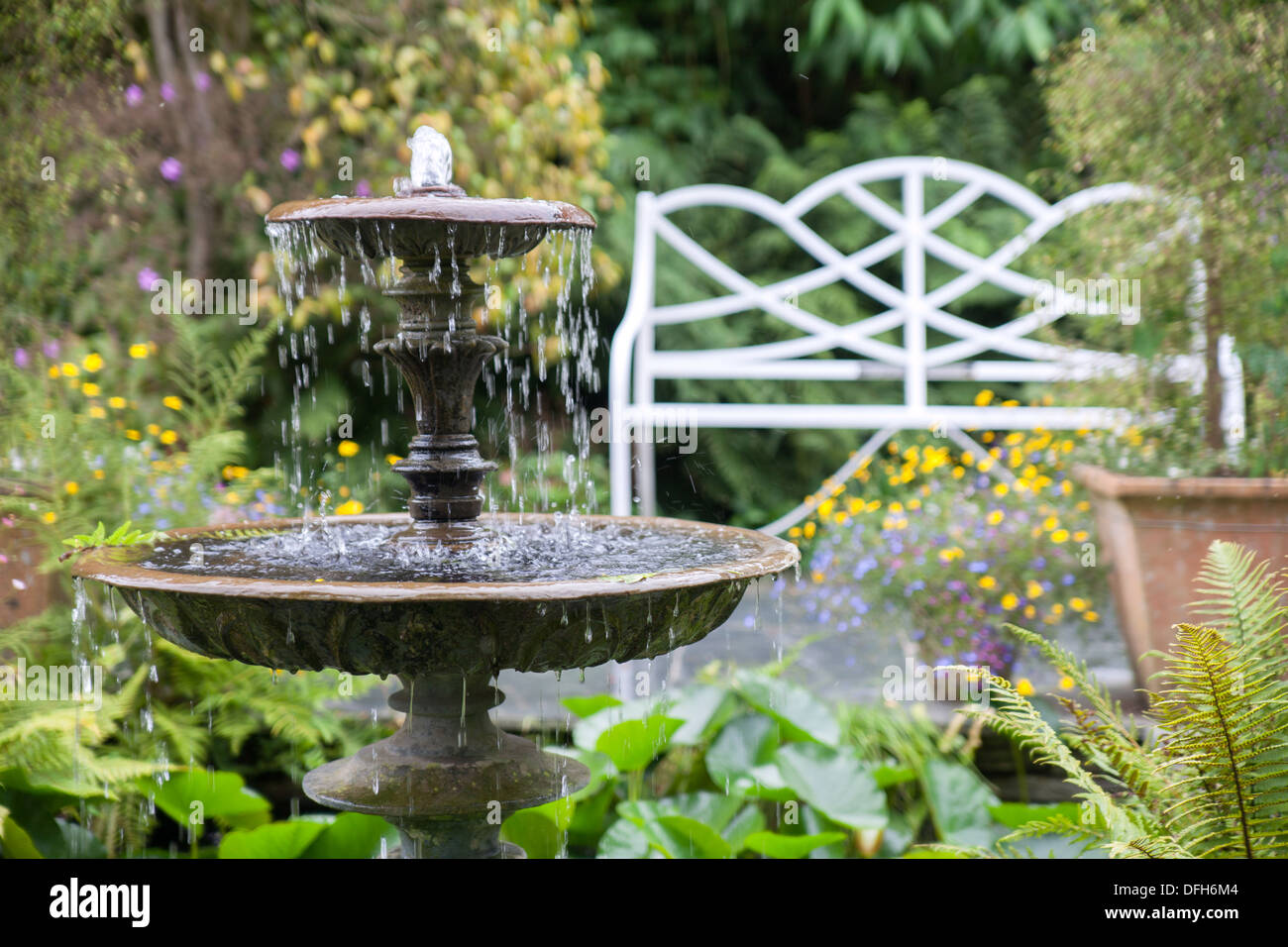 Fontana e bianco ornato banco di metallo Lost Gardens of Heligan, Cornwall, Regno Unito Foto Stock