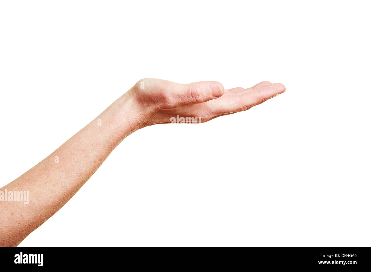 La mano con il palmo aperto isolata su sfondo bianco Foto Stock