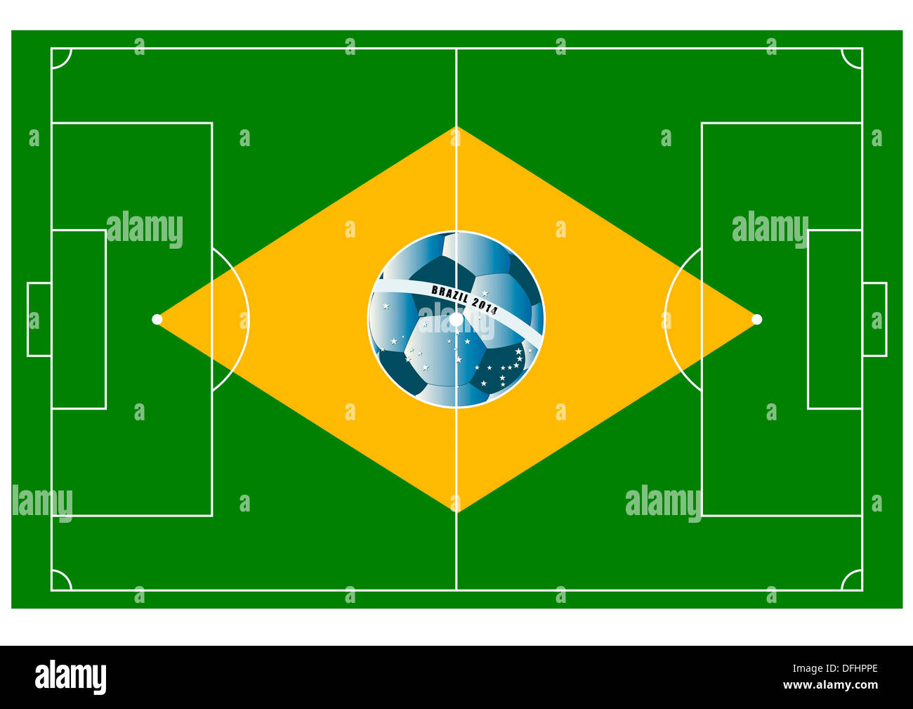 Campo di calcio con sfera assomiglia a bandiera brasiliana Foto Stock