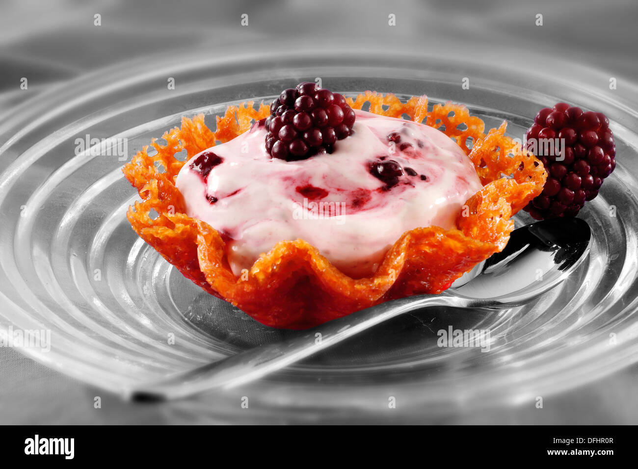 Mousse di Blackberry in un brandy biscotto a scatto Foto Stock