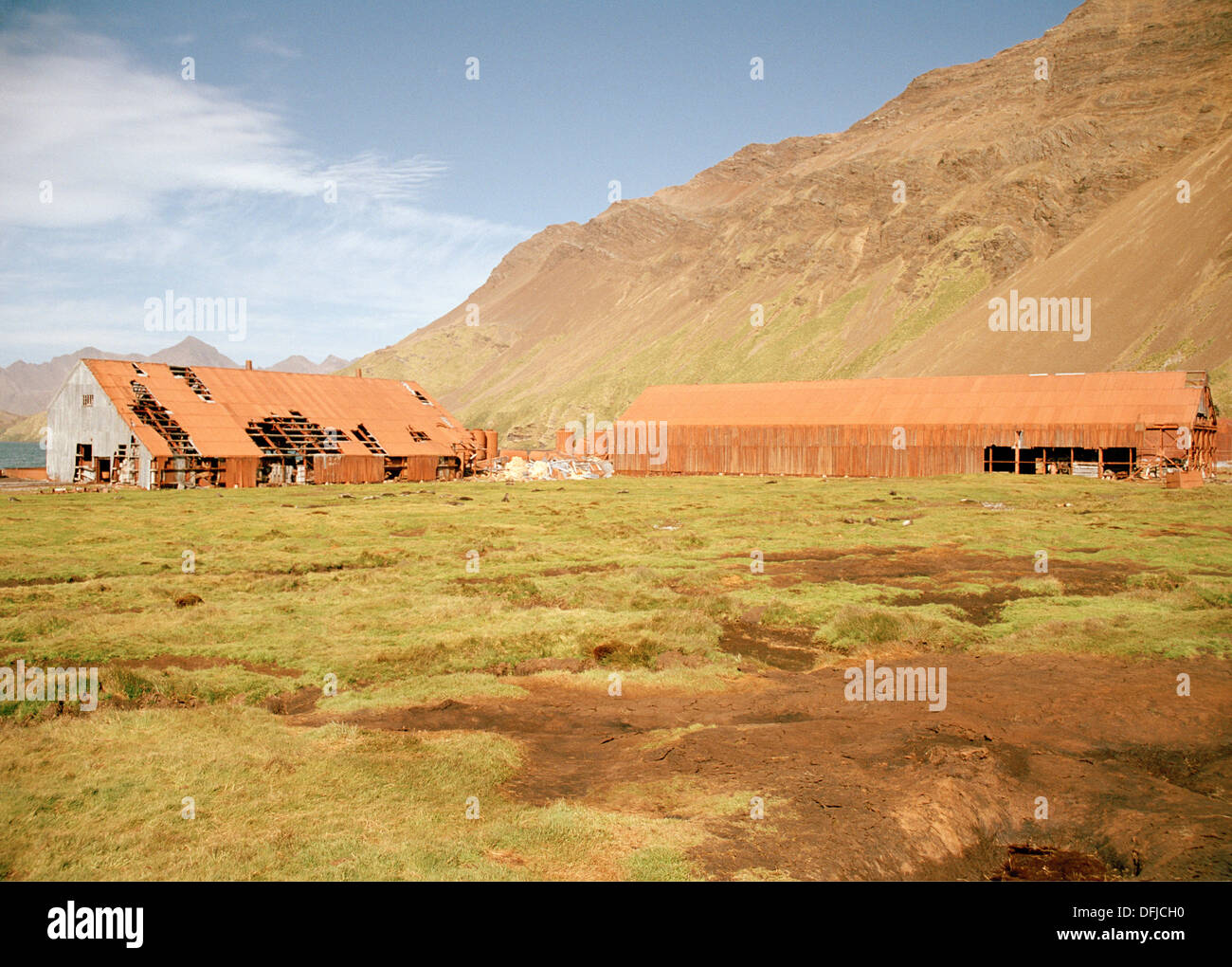 Costruzioni abbandonate della Ex stazione baleniera, Stromness Harbour, Isola Georgia del Sud sub- Isola Antartica, Sud Atlantico Foto Stock