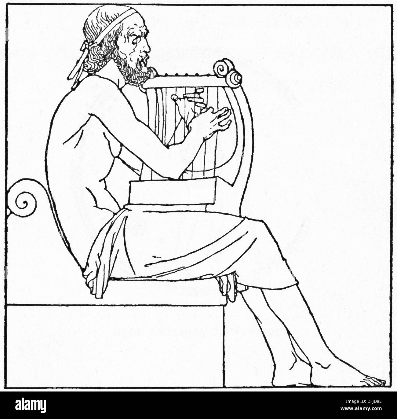 Un musicista greco svolge la sua lira come egli racconta la storia di Ulisse e la guerra di Troia. Foto Stock