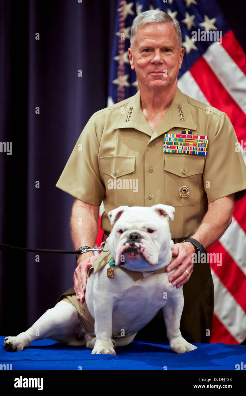 Il comandante del Marine Corps gen. James F. Amos, posa per una foto con outgoing Marine Corps mascot, Sgt. Chesty XIII durante la sua cerimonia di pensionamento a Crawford Hall presso la Caserma marini Washington Agosto 28, 2013 a Washington D.C. Chesty XIII è servita come Marine Corps mascot per cinque anni. Foto Stock