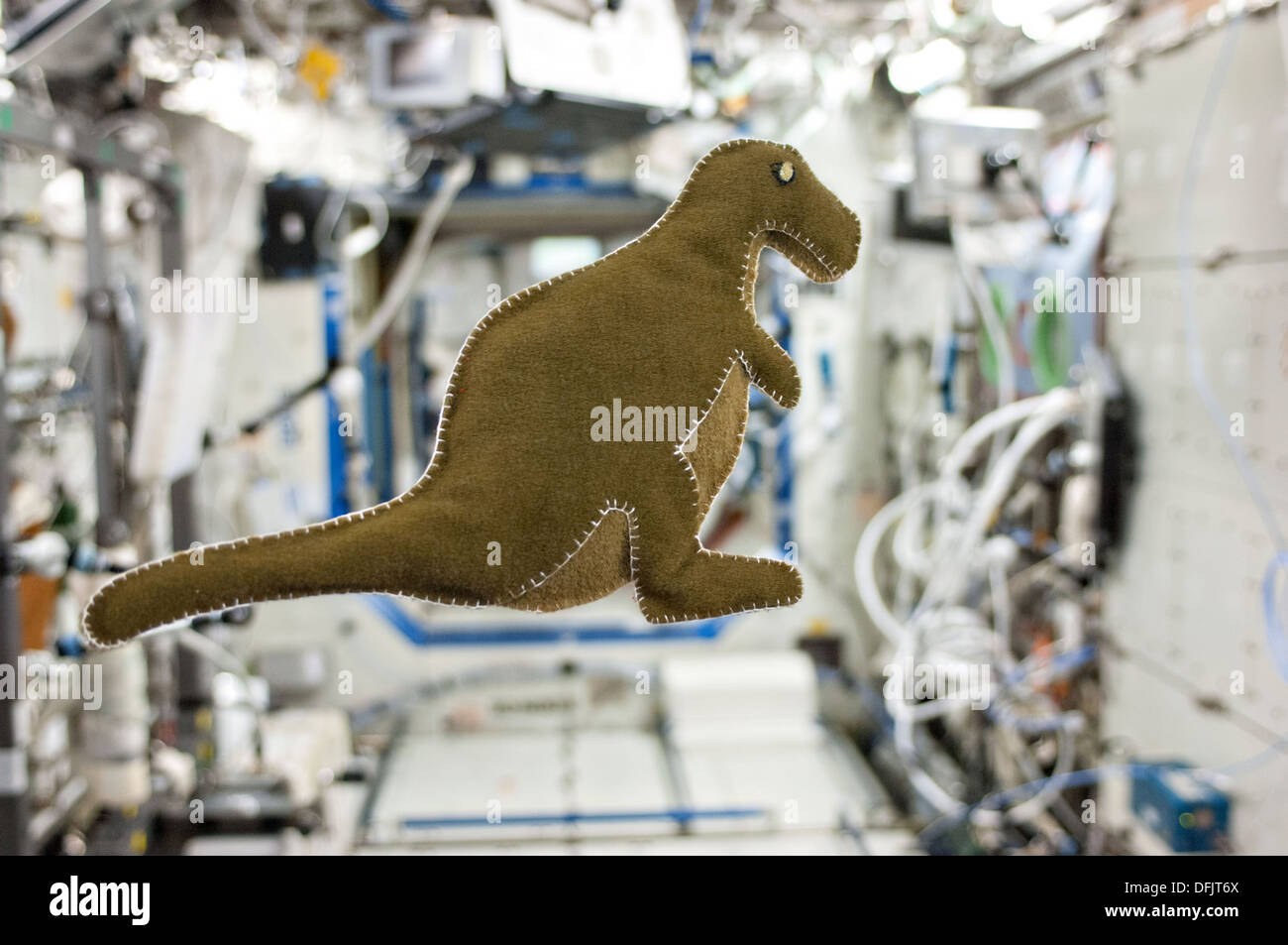 Un dinosauro farcite giocattolo realizzato da astronauta della NASA Karen Nyberg a bordo della Stazione Spaziale Internazionale da scarti di lavorazione del cibo-confezionamento camicie e una T-shirt galleggia liberamente nello spazio il 22 settembre 2013. Foto Stock