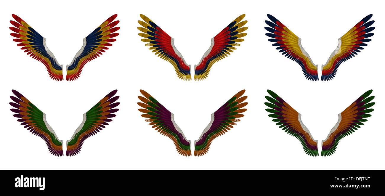 Illustrazione di un pacco di 6 differentemente colorate ali d'angelo, rosso, giallo, arancio, blu, viola e verde su sfondo bianco Foto Stock