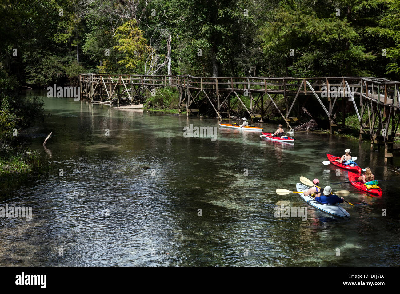 Uomini donne paddling arancione, rosso, bianco e blu kayak verso il basso le molle blu correre accanto alla passerella in legno. Foto Stock