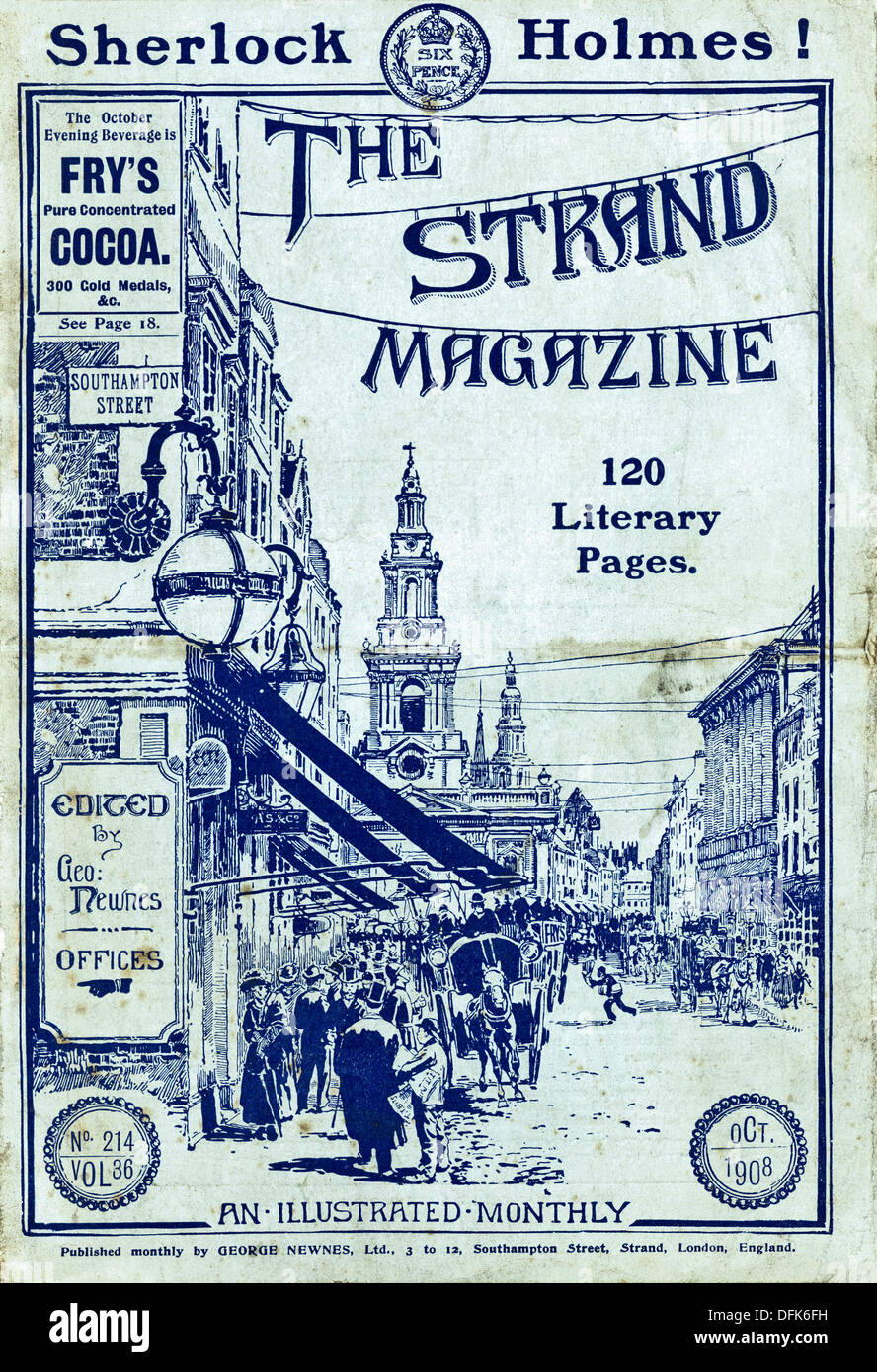 Originale di 1900s copertura di THE STRAND MAGAZINE dotate di Sherlock Holmes. Rivista annuncio circa ottobre 1908 Foto Stock