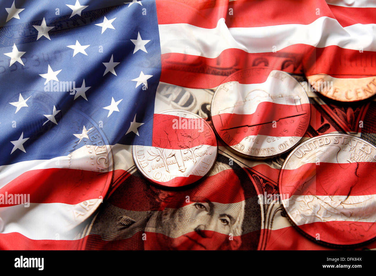 Bandiera americana e composito di valuta Foto Stock