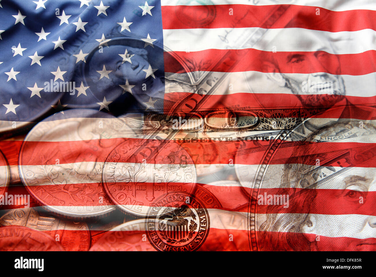 Bandiera americana e composito di valuta Foto Stock