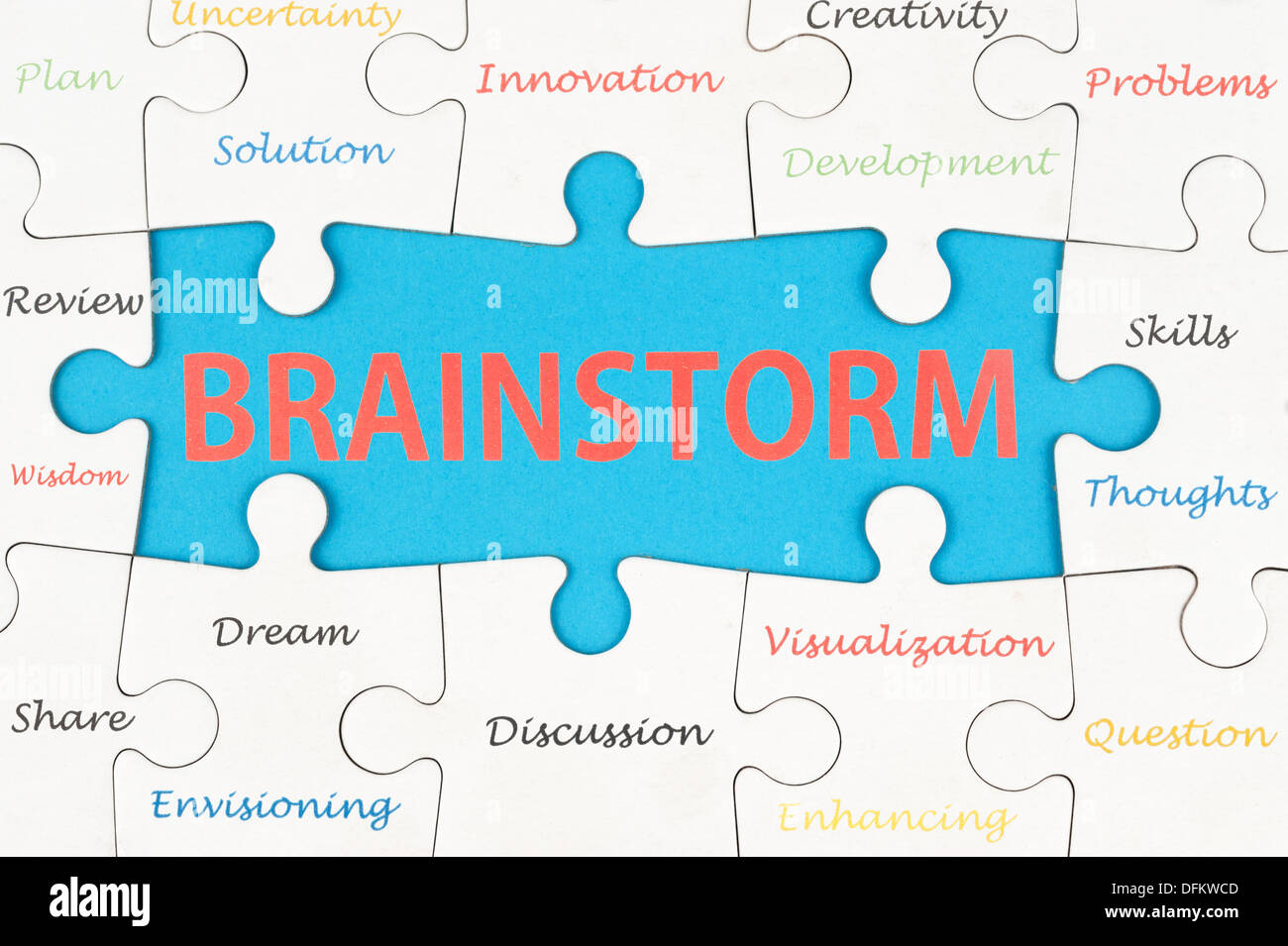 Il concetto di brainstorming di gruppo di parole su puzzle di pezzi Foto Stock