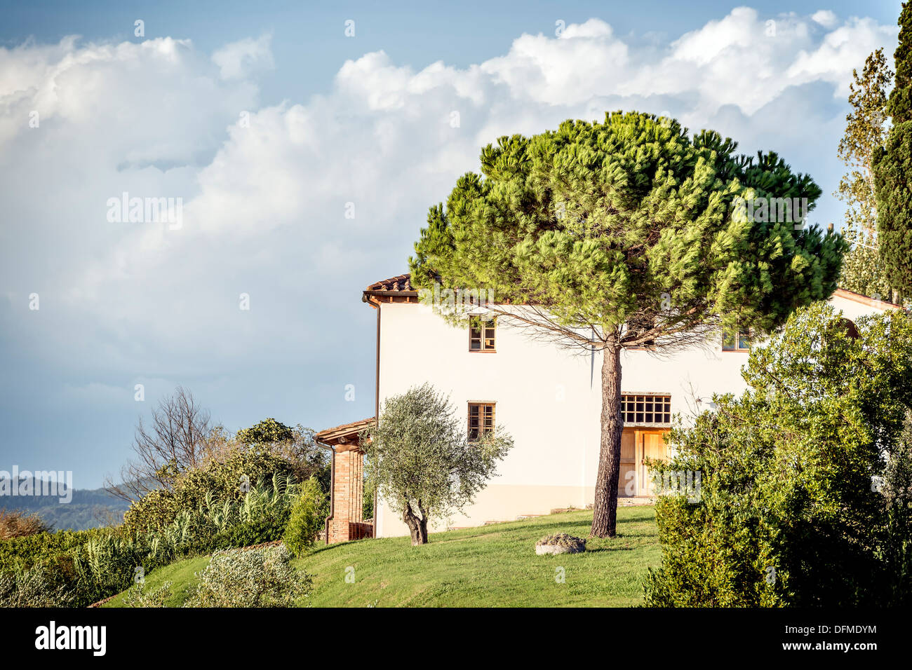 Foto di una tipica casa con struttura ad albero e nuvole sul cielo blu in Toscana, Italia Foto Stock
