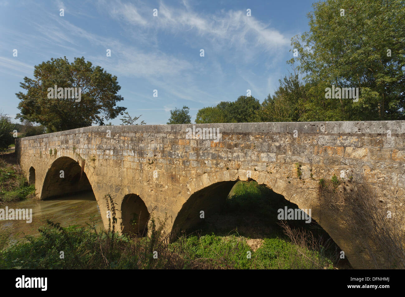Pont de l Artigue, ponte attraverso Osse, fiume, vicino profilattico preservativo-en-Armanac, Dipartimento Gers, regione Midi-Pyrenees, Via Podiens Foto Stock