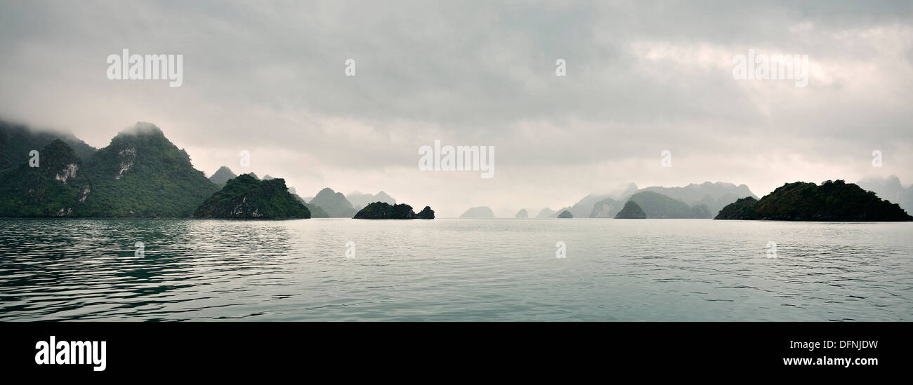 Vista panoramica della Baia di Ha Long durante la pioggia, Tonkin Gulf, Vietnam Foto Stock