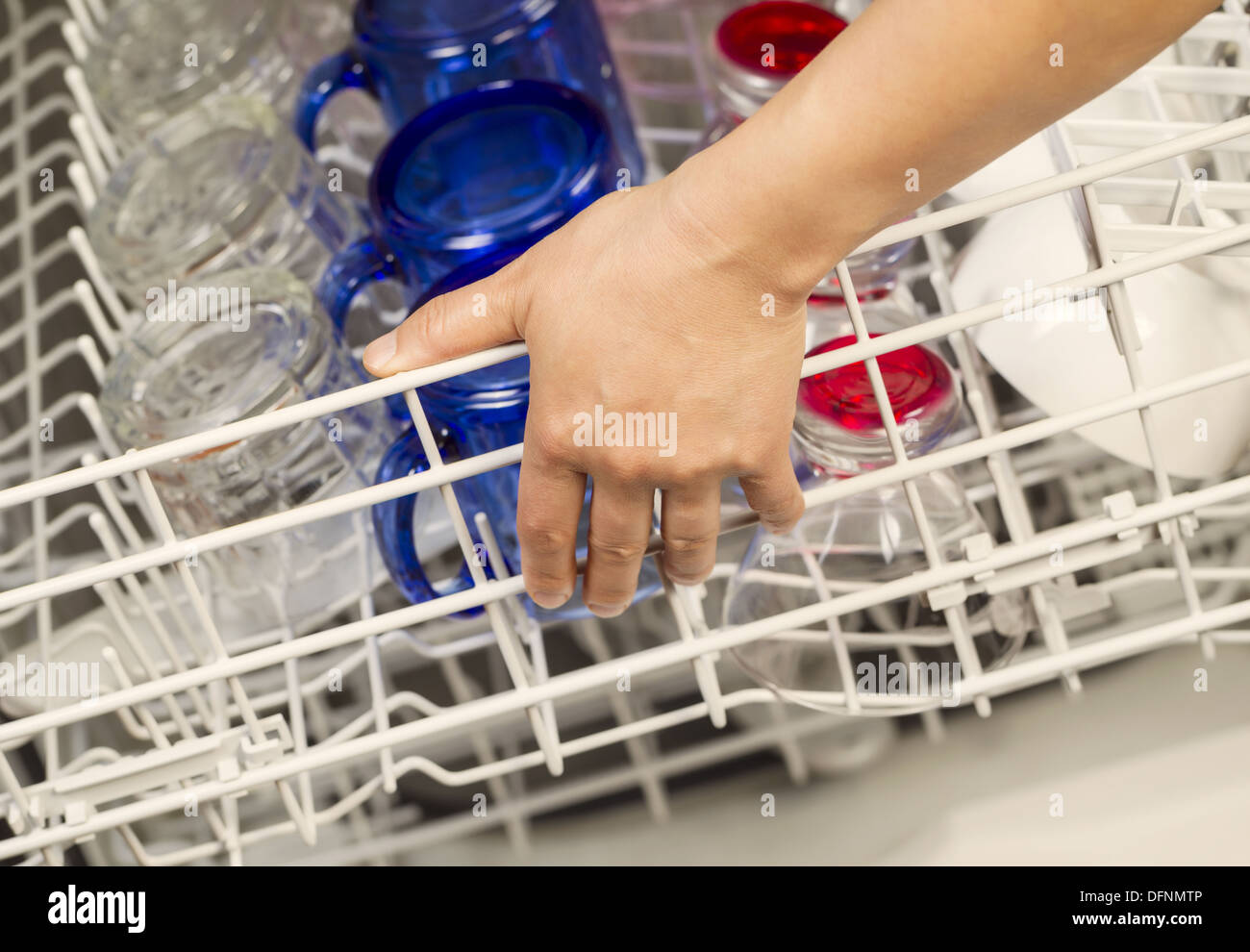 Foto orizzontale della mano femminile superiore di chiusura cestello portastoviglie dalla lavastoviglie con i colori blu, rosso chiaro, rosa bicchieri e tazze bianche Foto Stock