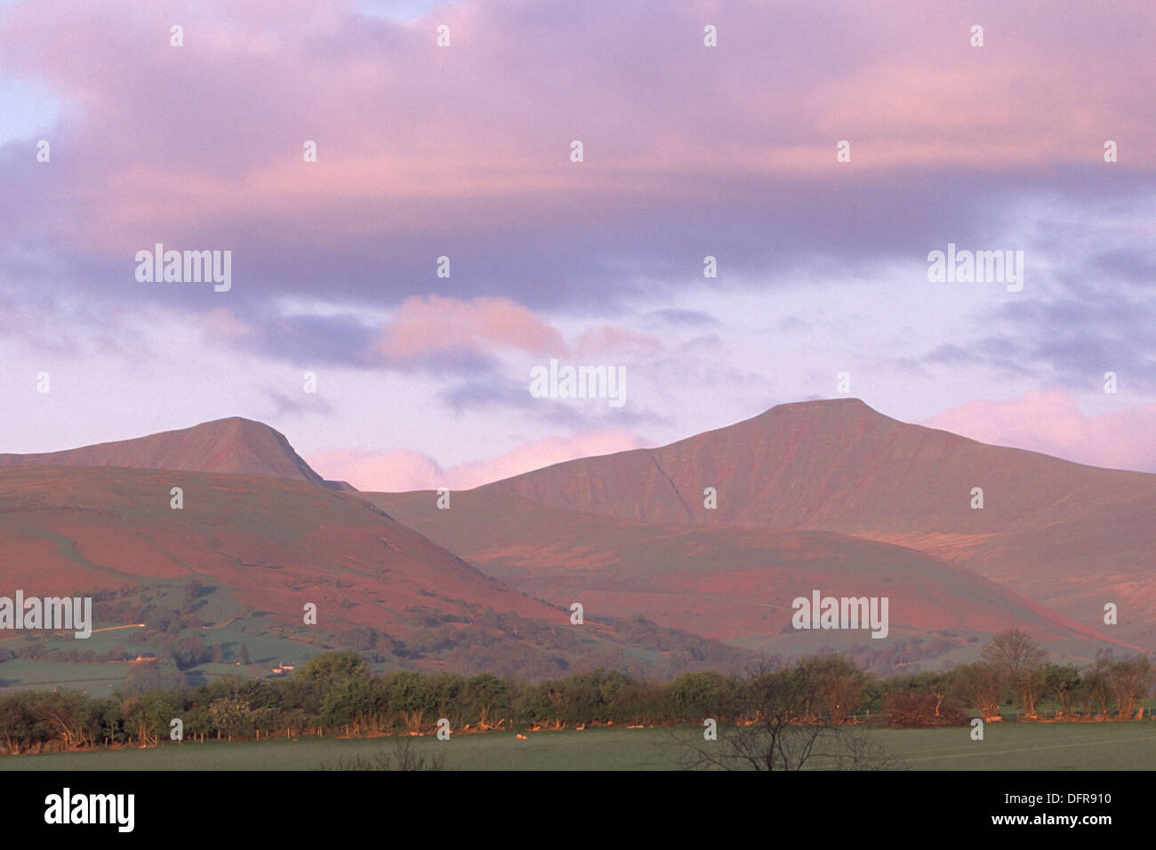 Brecon Beacons gamme della montagna di Pen-Y-ventola (a destra) e Cribyn (sinistra) al tramonto. Foto Stock