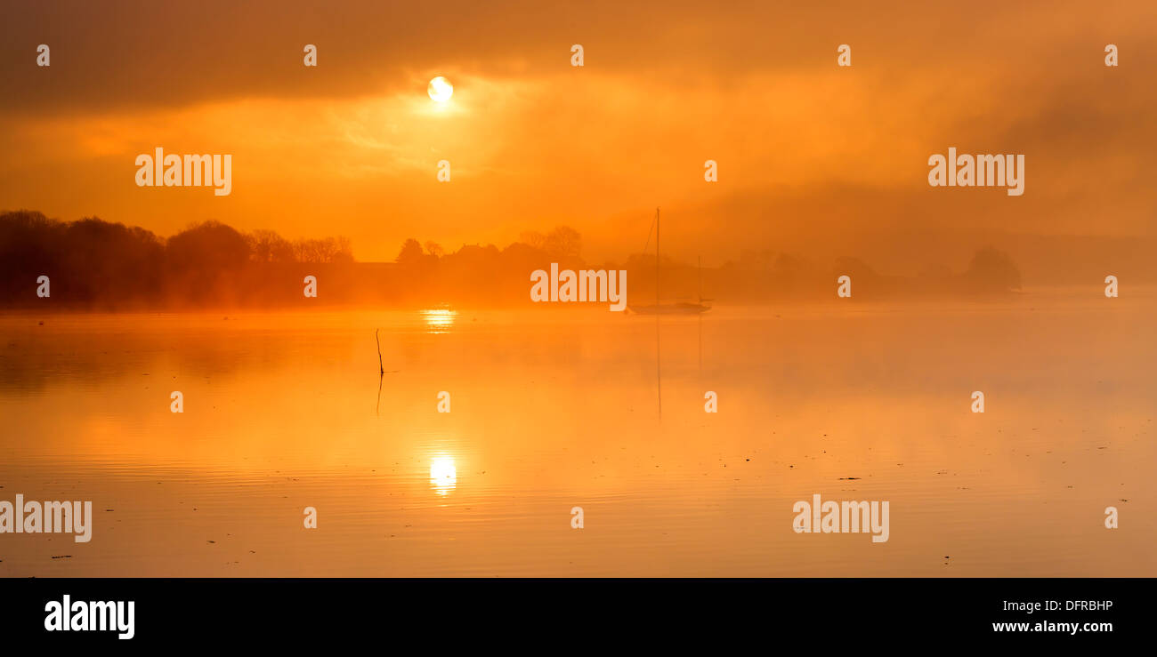 Foschia mattutina a mendicanti raggiunge il fiume Daugleddau Llangwm Pembrokeshire nel Galles a sunrise Foto Stock