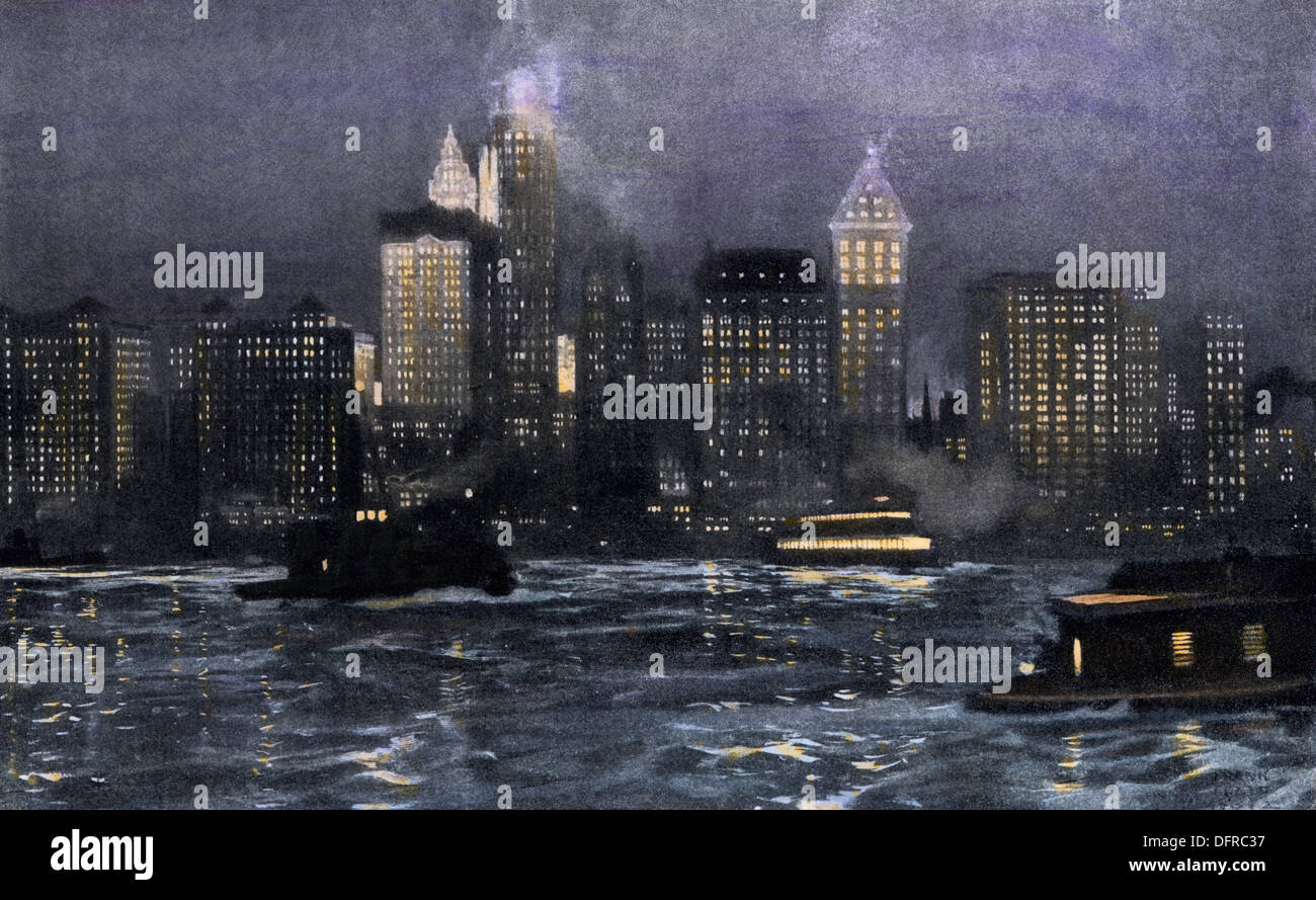 Grattacieli di Manhattan di notte, circa 1910. Colorate a mano di mezzitoni una illustrazione Foto Stock