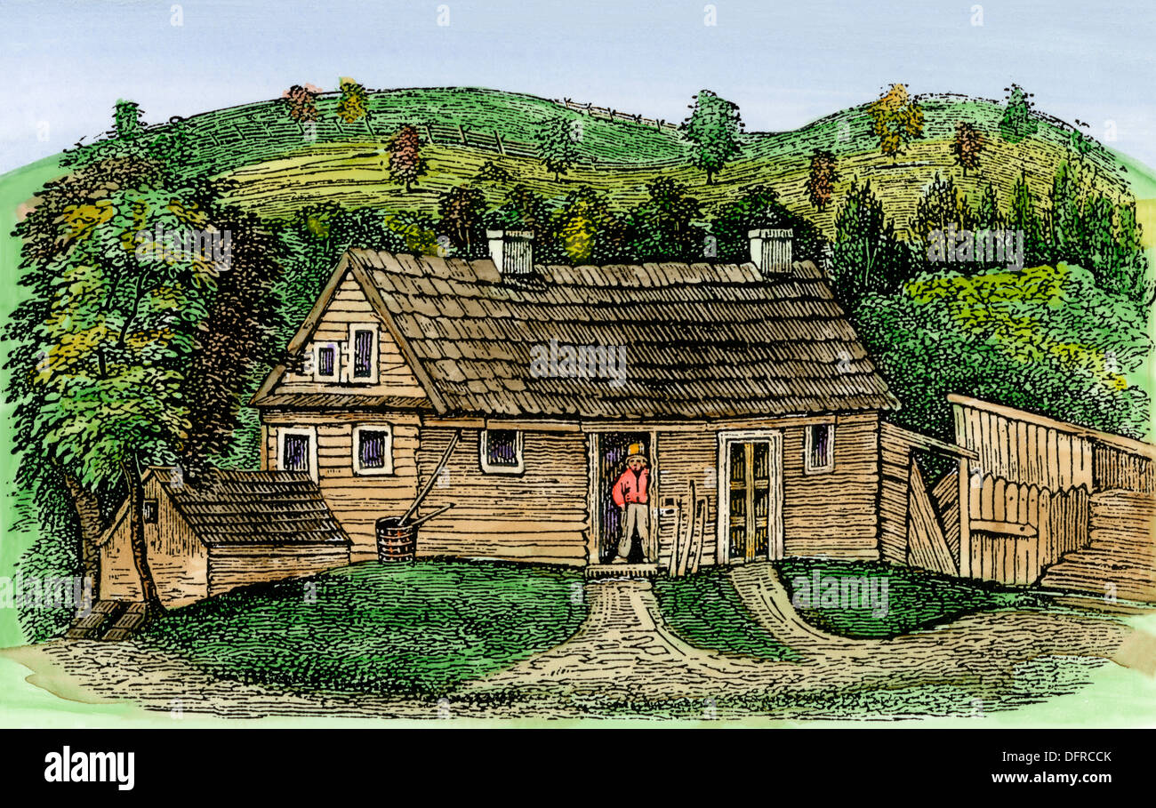 La prima casa di Betlemme, Pennsylvania, 1741. Colorate a mano la xilografia Foto Stock