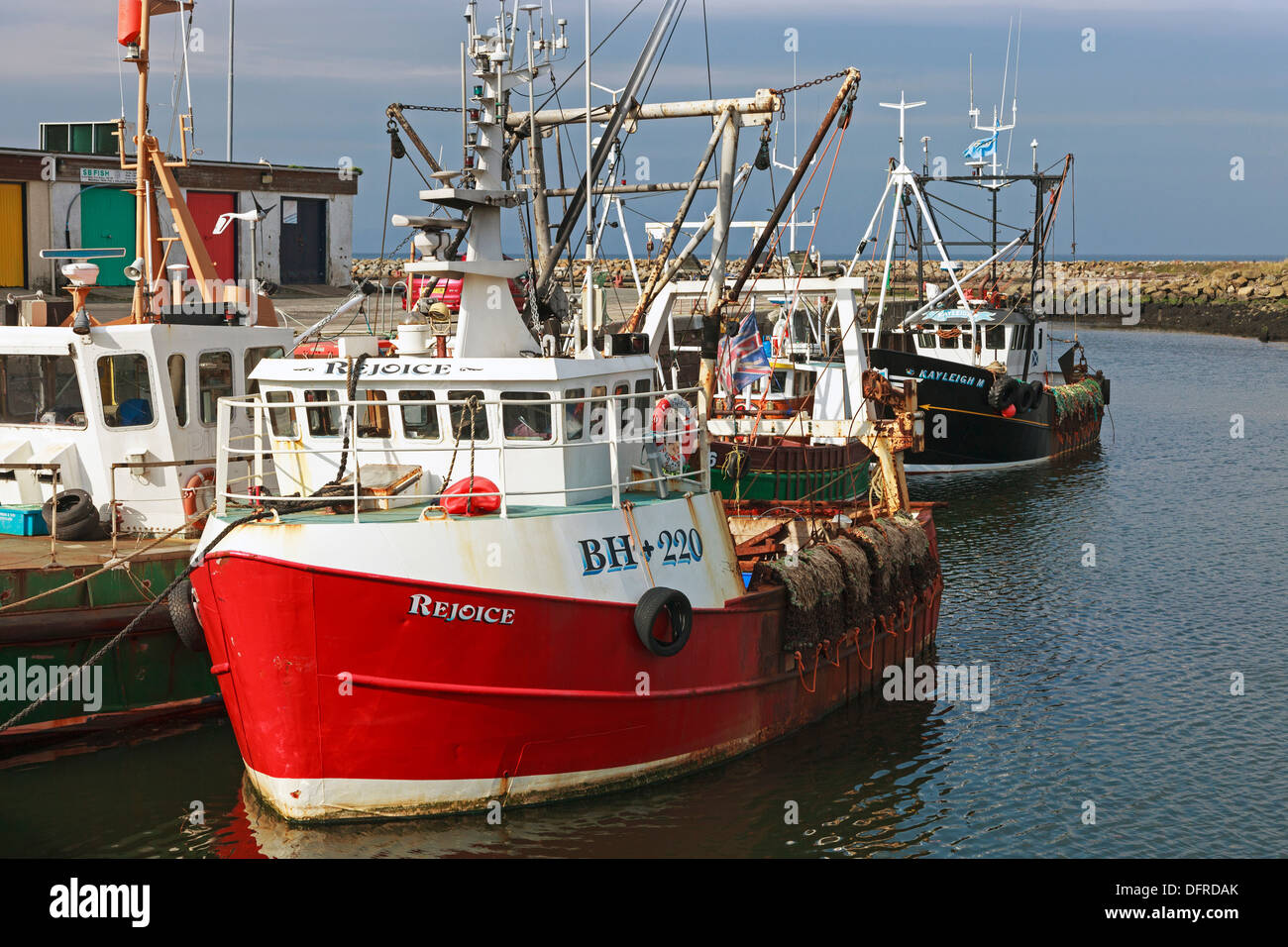 Attività di pesca i pescherecci con reti da traino legato fino al molo del porto di Girvan, Ayrshire, in Scozia, Regno Unito Foto Stock