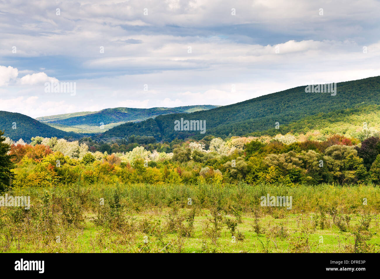 Panorama delle montagne caucasiche in Shapsugskaya area anomala nei primi giorni di autunno Foto Stock
