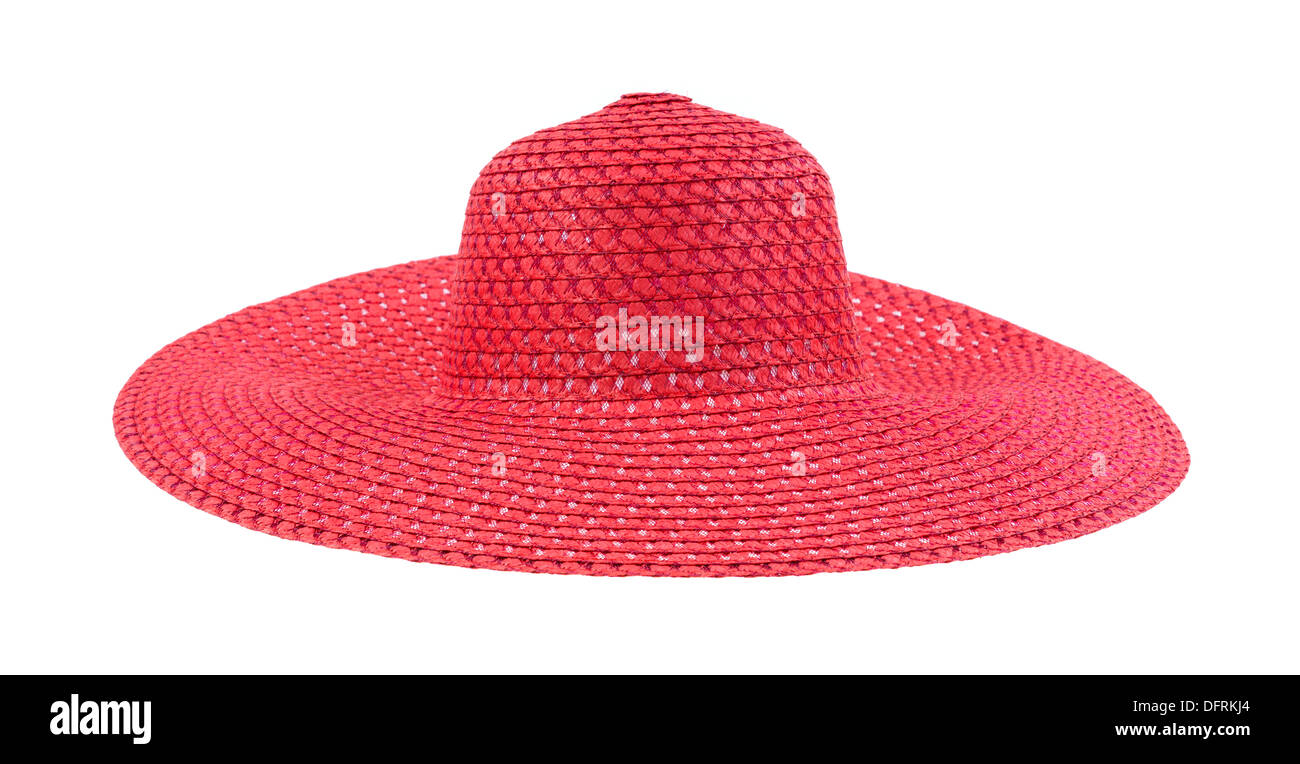 Una grande unità floppy red cappello di paglia per le donne su uno sfondo bianco. Foto Stock