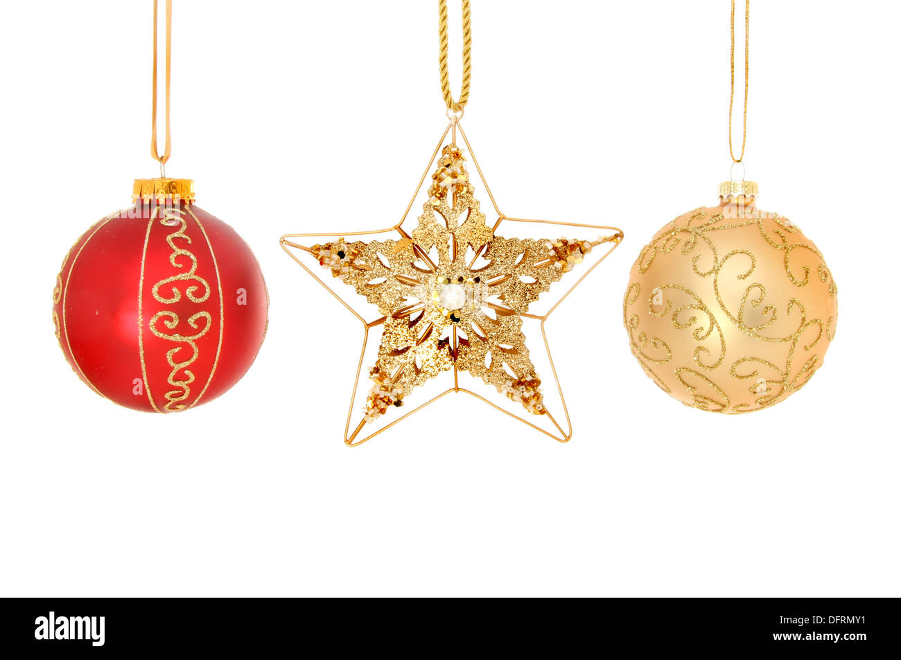 Oro e jewelled stella di Natale e baubles isolata contro bianco Foto Stock