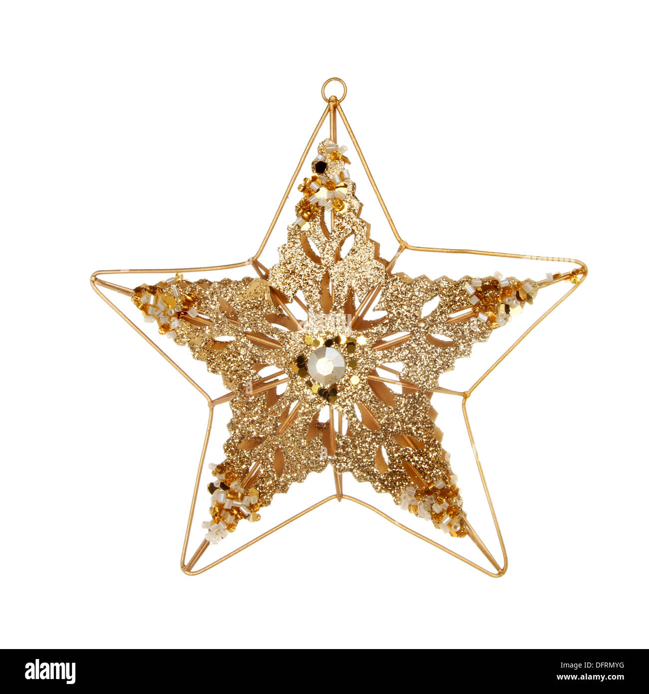 Oro glitter e jeweled stella di Natale isolata contro bianco Foto Stock
