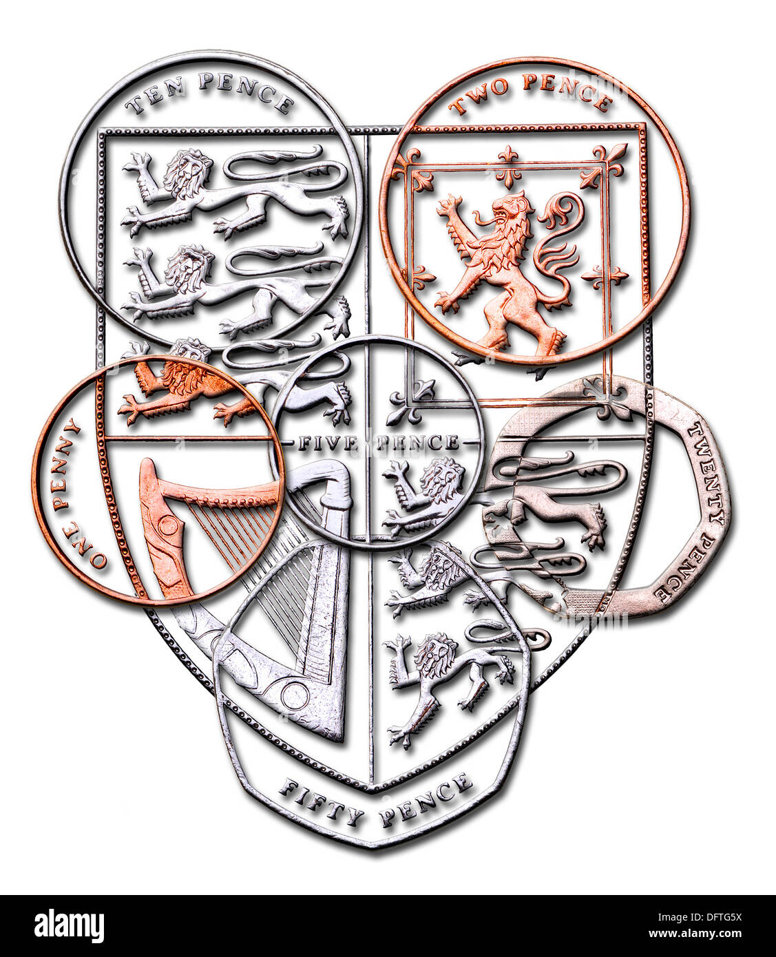 British monetazione. Tutte le monete messe insieme per formare la protezione disponibili sul retro della lira moneta. Foto Stock