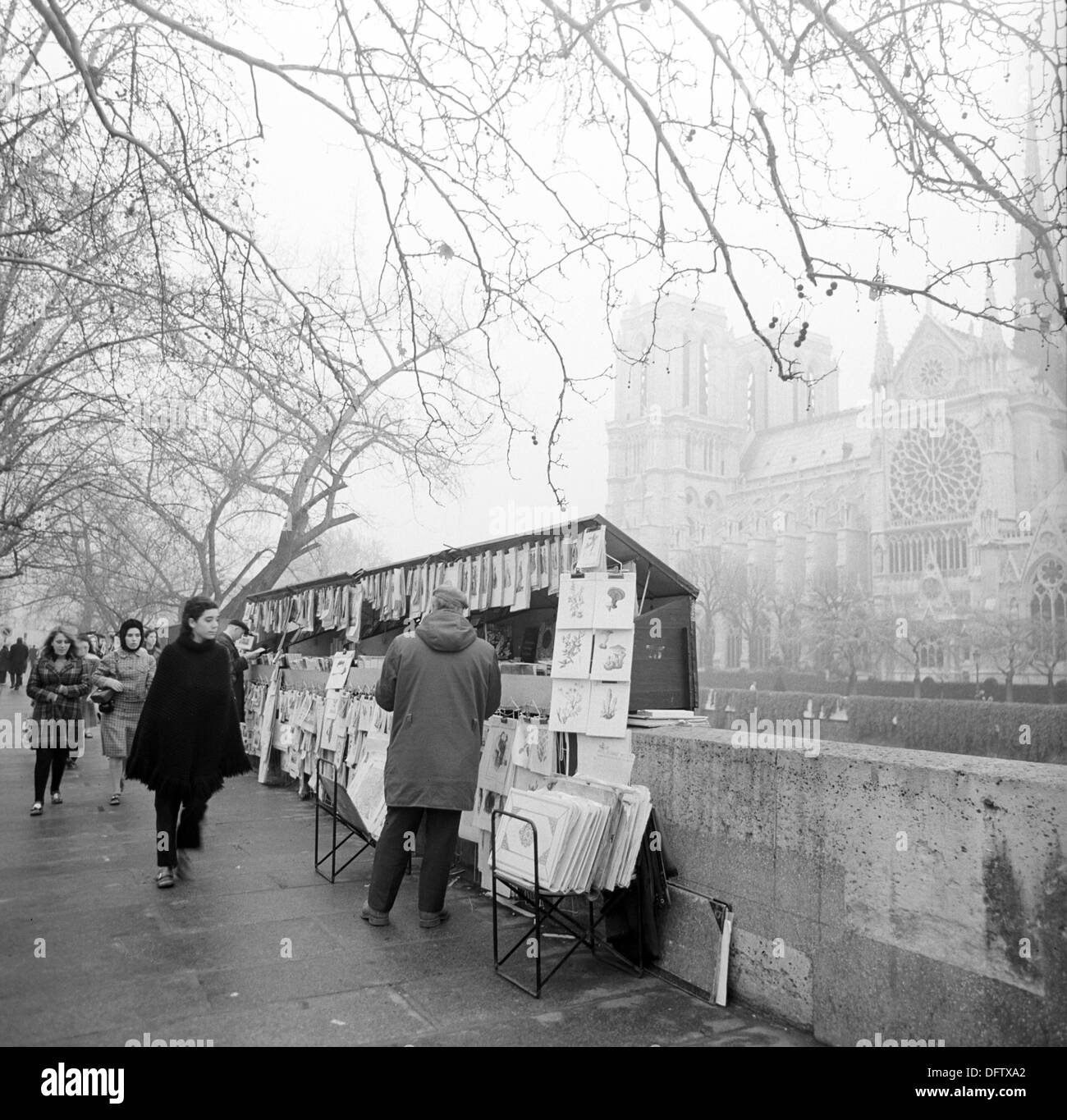 Artisti vendere i loro disegni e dipinti presso il lungomare di Senna a Parigi nel novembre 1970. Sullo sfondo, la cattedrale di Notre Dame de Paris cathedral è raffigurato. Foto: Wilfried Glienke Foto Stock