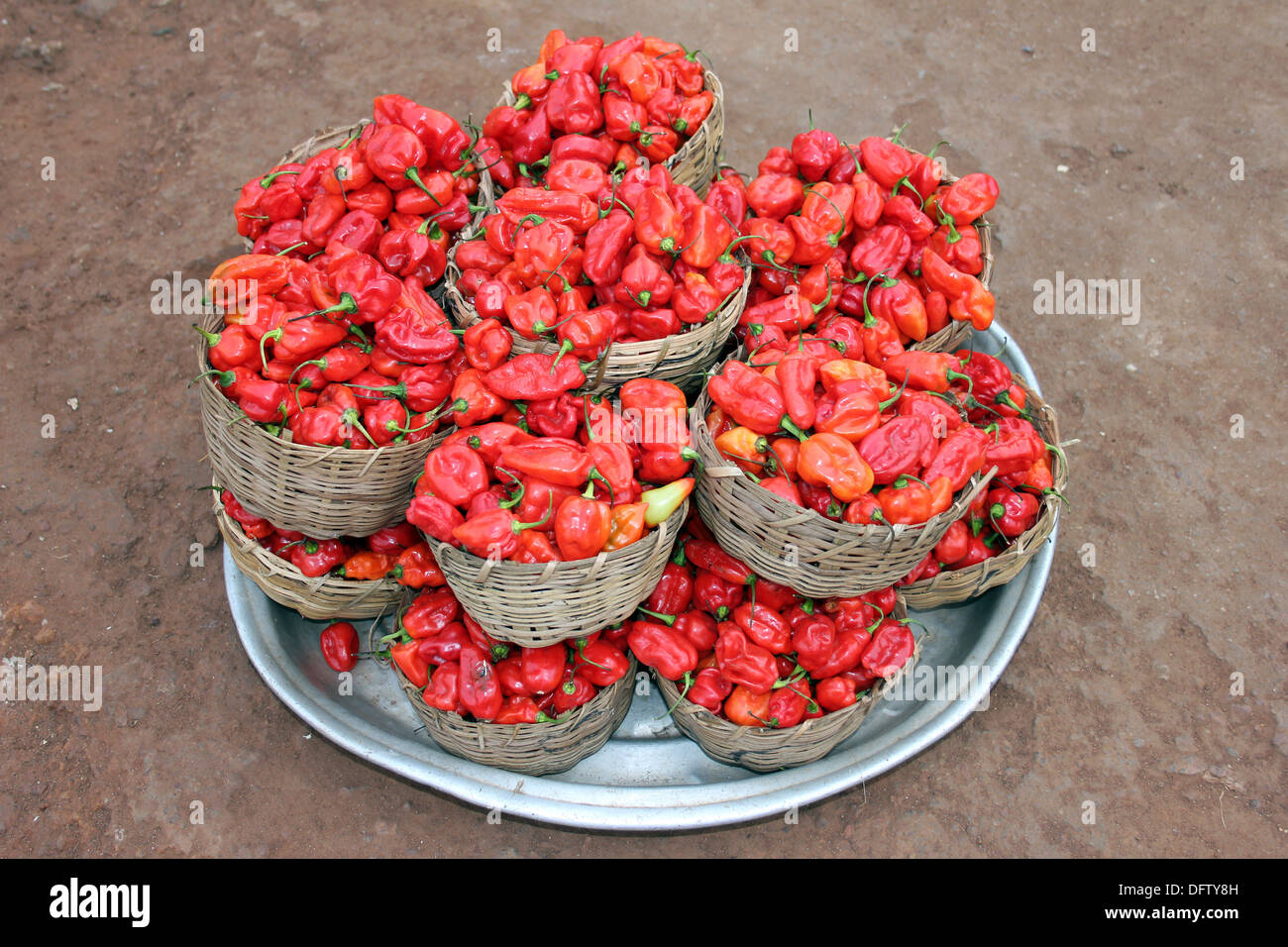 Pile di campana fresca peperoncino piccante per la vendita su un mercato del Ghana tipicamente usato per il locale Red-rosso piccante piatto Foto Stock