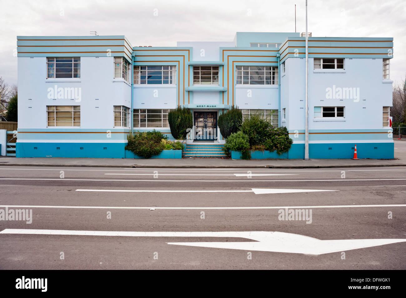 Christchurch, South Island, in Nuova Zelanda. L'art deco West Avon appartamenti. Foto Stock