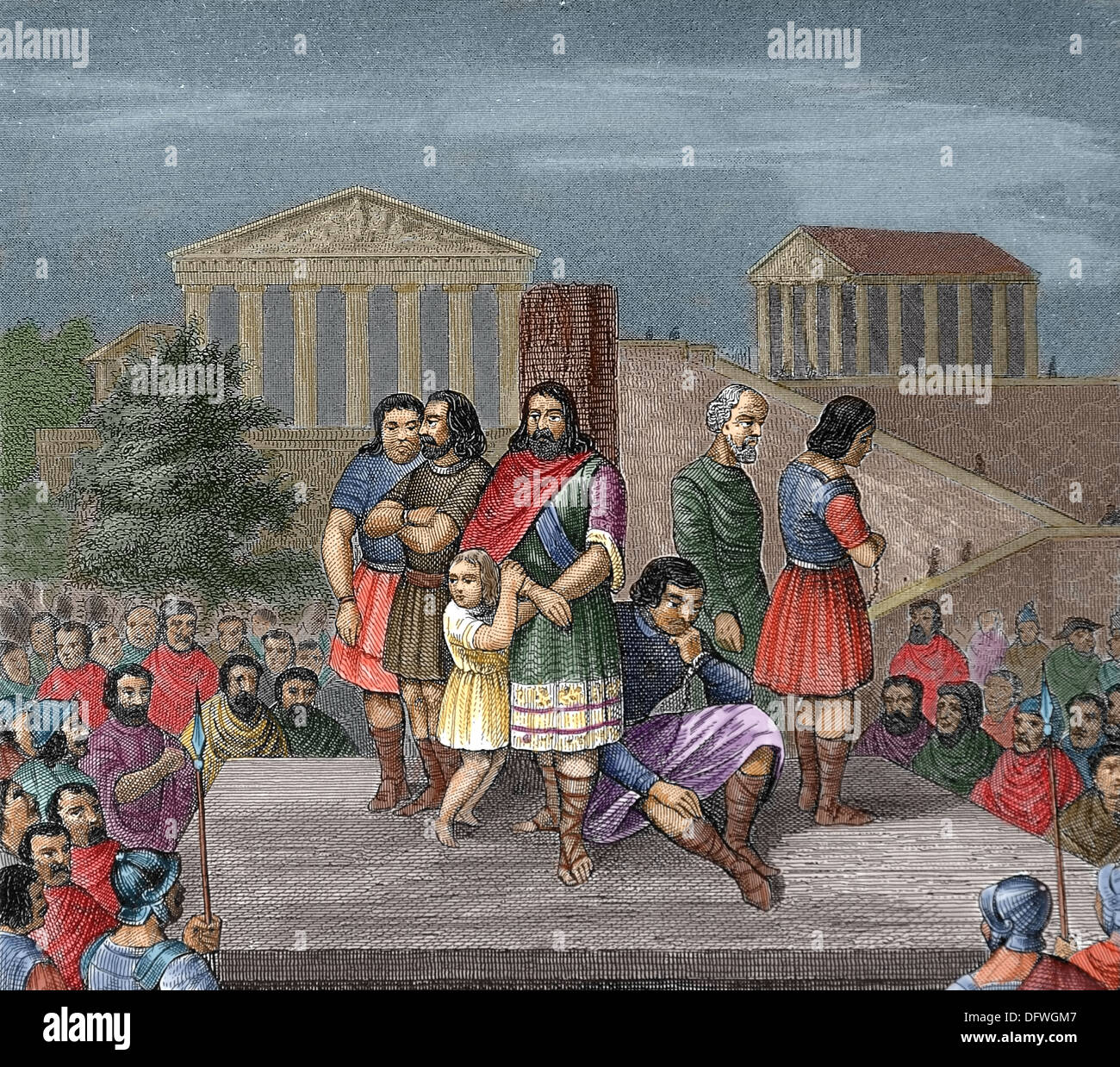 Impero Romano. Roma antica. Mostra di prigionieri nel forum. Incisione. Foto Stock