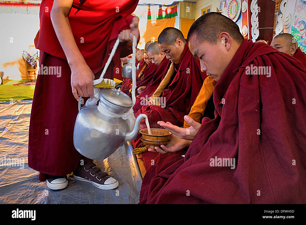 Bere chai,Puja,i monaci la preghiera durante il Losar anno nuovo, nel monastero Namgyal,nel complesso Tsuglagkhang. McLeod Ganj Dharamsala, Himachal Pradesh, India, Asia Foto Stock
