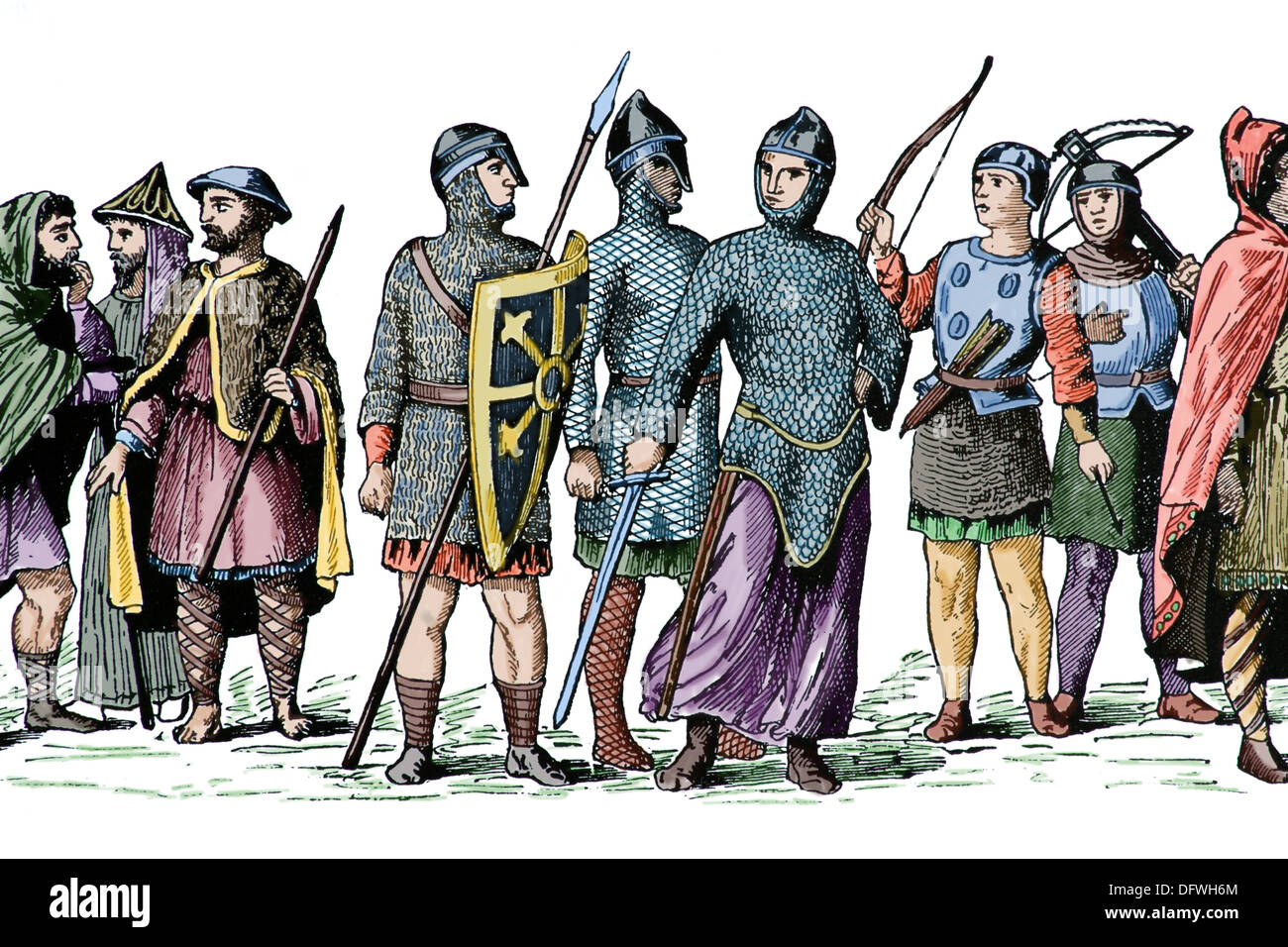 La storia. Europa medievale. La Normandia. 1000-1100. Norman costumi. Incisione. Colorazione successiva. Foto Stock