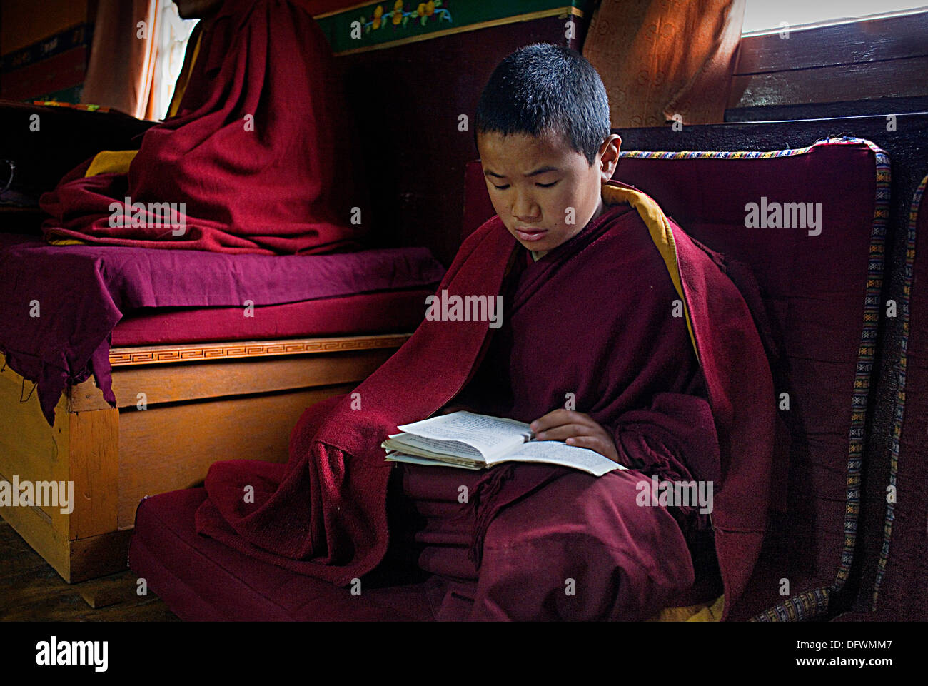 Puja,i monaci la preghiera, Dip Tse Chok Ling Monastero.McLeod Ganj Dharamsala, Himachal Pradesh, India, Asia Foto Stock