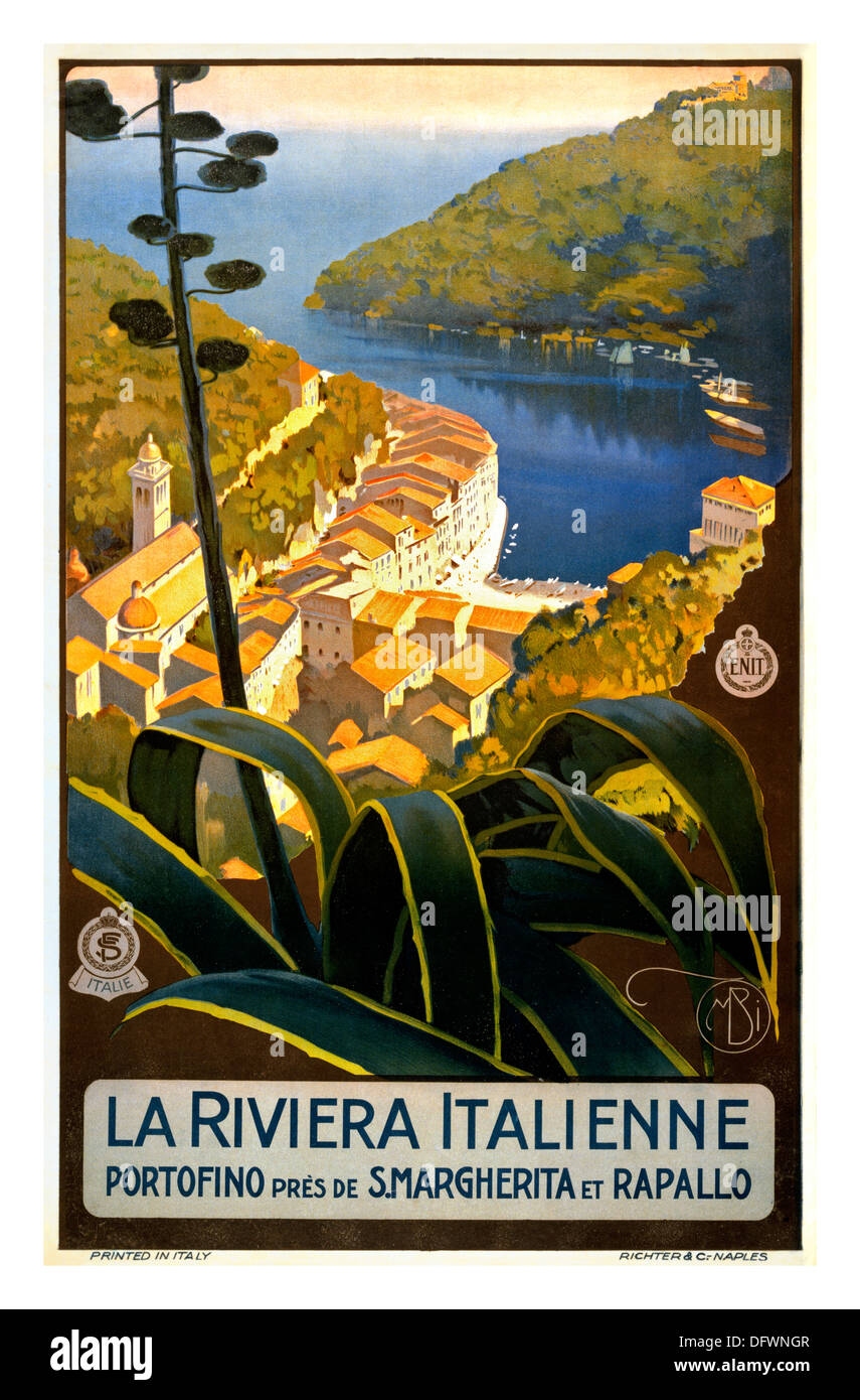 VINTAGE ITALIA RIVIERA PORTOFINO Holiday travel poster 1920's per La Riviera Italienne Portofino Margherita Rapallo Foto Stock