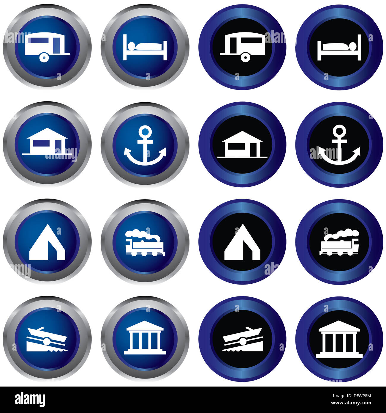 Locazioni turistiche icon set - vettore blu Foto Stock