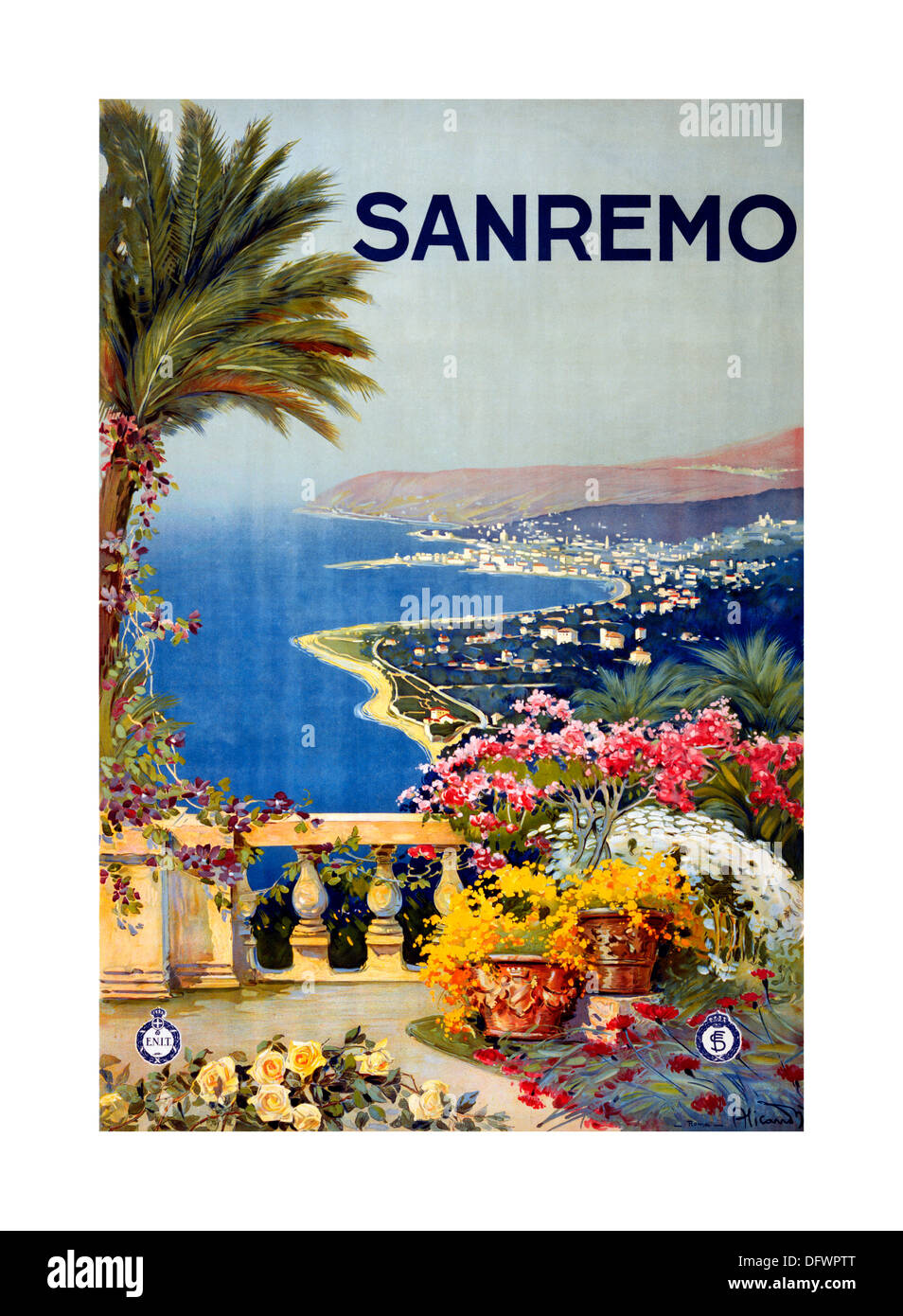 Poster di viaggio d'epoca di SAN REMO Sanremo con terrazza di palme e vista sulla costa dell'Italia dei primi anni '1920 Foto Stock