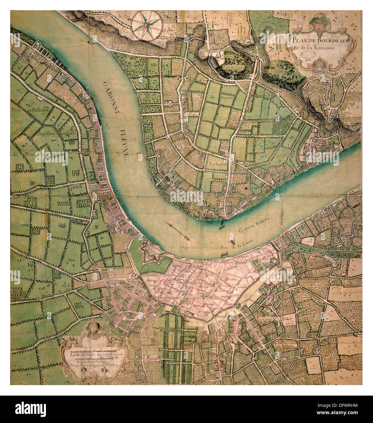 1700 Plan de Bordeaux e dintorni incluso il fiume Garonne e vigneti per artista Hippolyte Matis Foto Stock