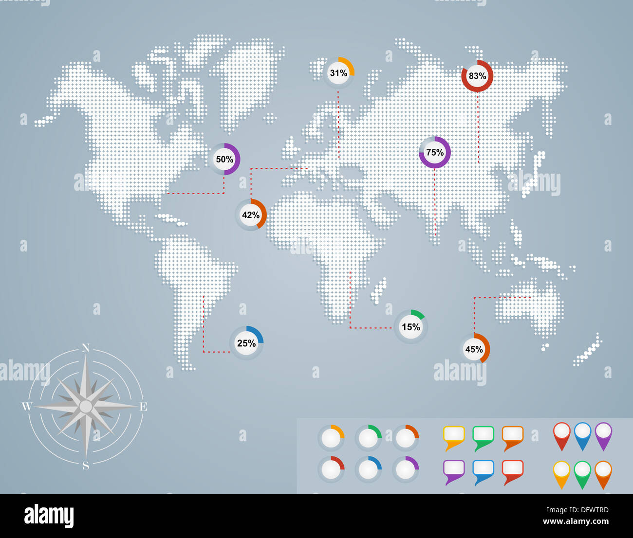 Mappa del mondo, posizione geo icone del puntatore infographics modello. EPS10 file vettoriale organizzati in strati per operazioni di editing semplici. Foto Stock