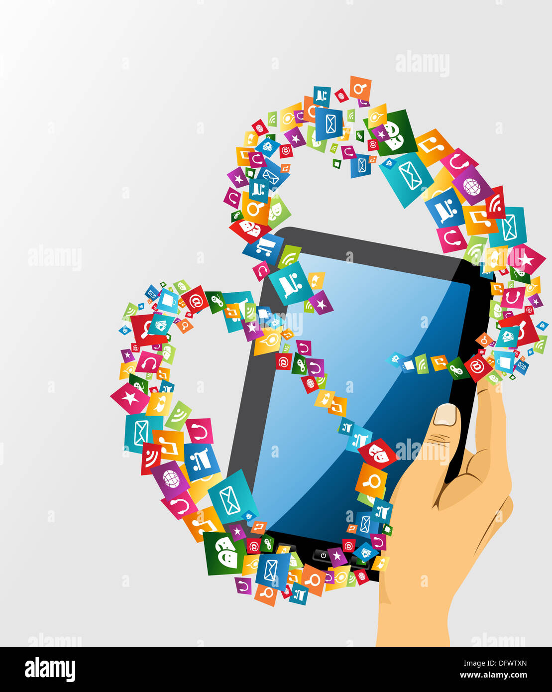 Social media concetto sul dispositivo tablet pc con la tecnologia di icone e simboli. Vettore EPS. Foto Stock