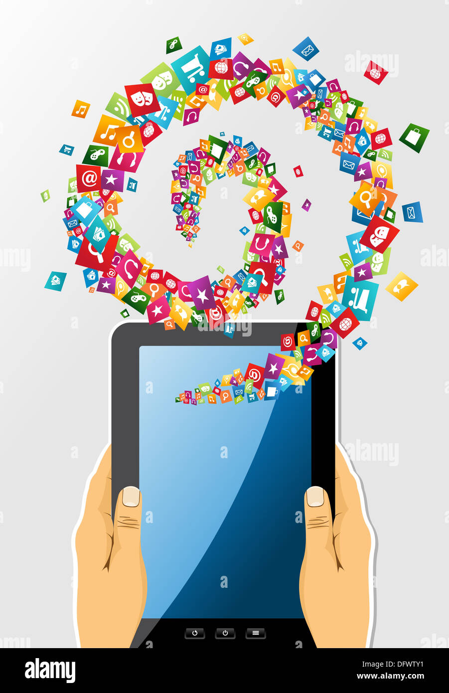 Social media concetto sul dispositivo tablet pc con la tecnologia di icone e simboli. Vettore EPS. Foto Stock