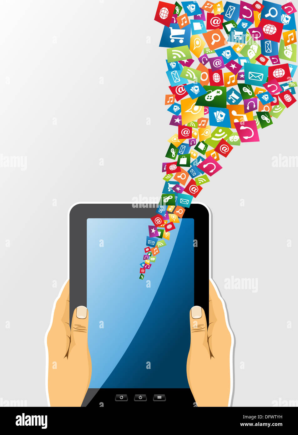 Social media concetto sul dispositivo tablet pc con la tecnologia di icone e simboli. Vettore EPS. Foto Stock