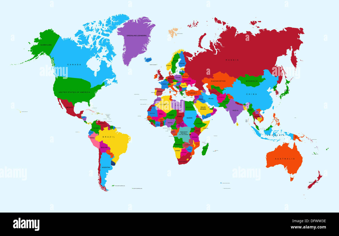 Mappa del mondo, paesi colorati con testo Atlas illustrazione. EPS10 file vettoriale organizzati in strati per operazioni di editing semplici. Foto Stock
