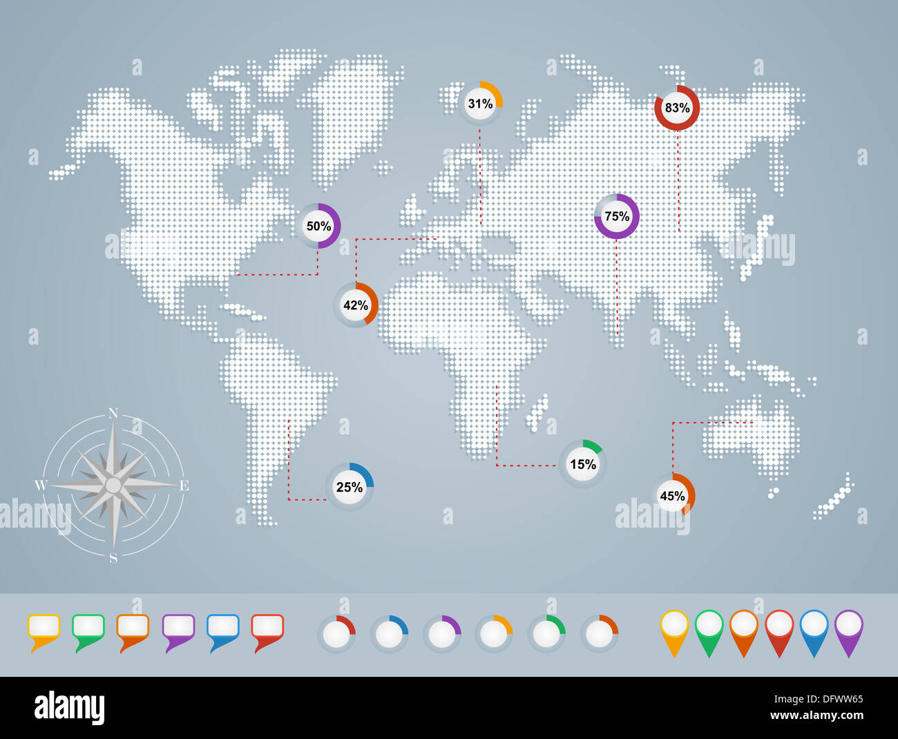 Mappa mondo geo indici di posizione infographics modello. EPS10 file vettoriale organizzati in strati per operazioni di editing semplici. Foto Stock