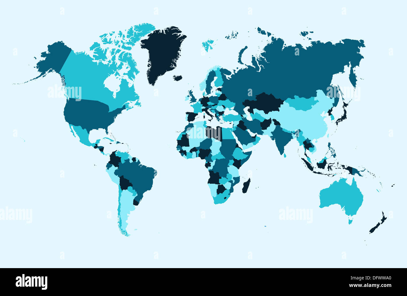 Mappa del mondo, paesi blu Atlas illustrazione. EPS10 file vettoriale organizzati in strati per operazioni di editing semplici. Foto Stock