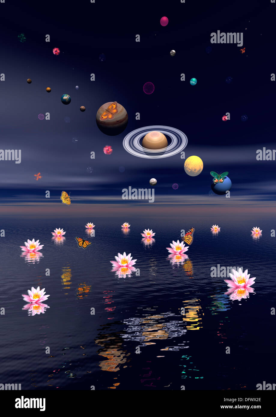 I pianeti del sistema solare circondato da fiori di loto e farfalle. Foto Stock