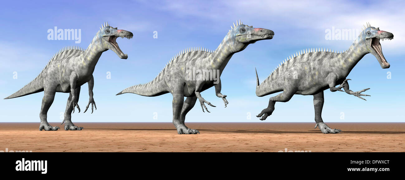 Tre Suchomimus dinosauri in piedi nel deserto con la luce del giorno. Foto Stock