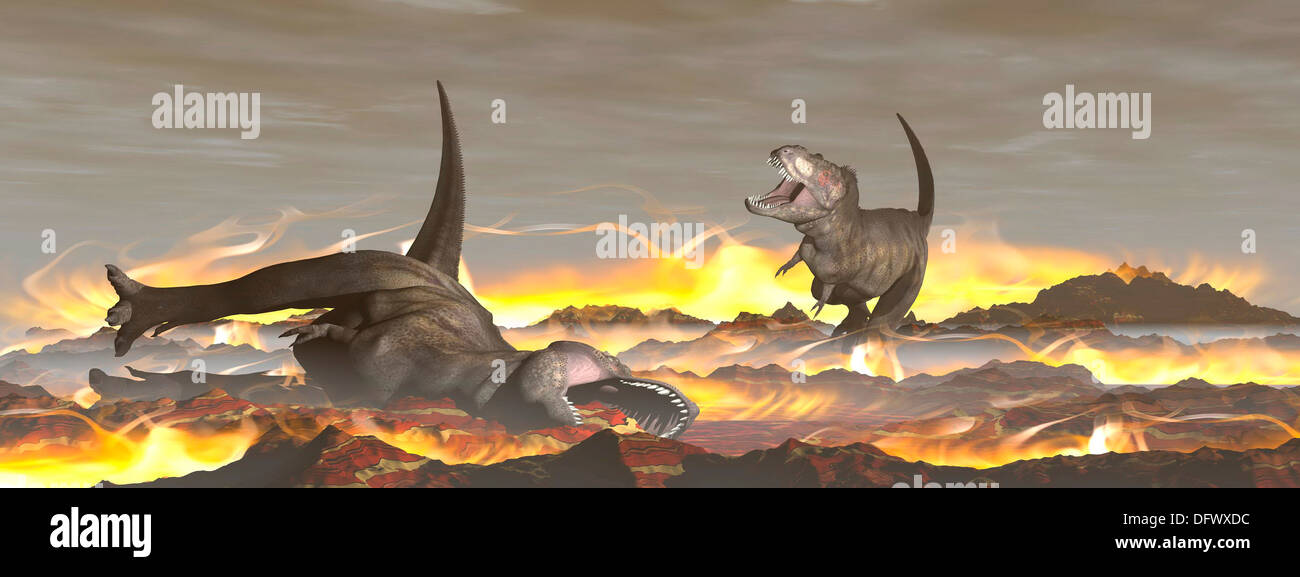 Tyrannosaurus Rex dinosauri morire dal calore e fuoco di un grande meteorite crash. Foto Stock